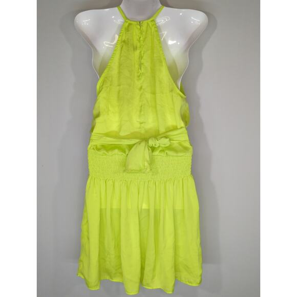Do+Be Neon Green Smocked Waist Halter Neck Mini Dress Women's S Party Cocktail - Picture 4 of 11